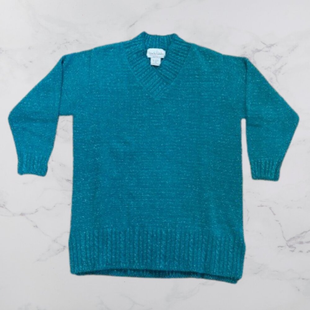 Vintage Diane von Furstenberg Teal Metallic V-Neck Sweater | Size S
